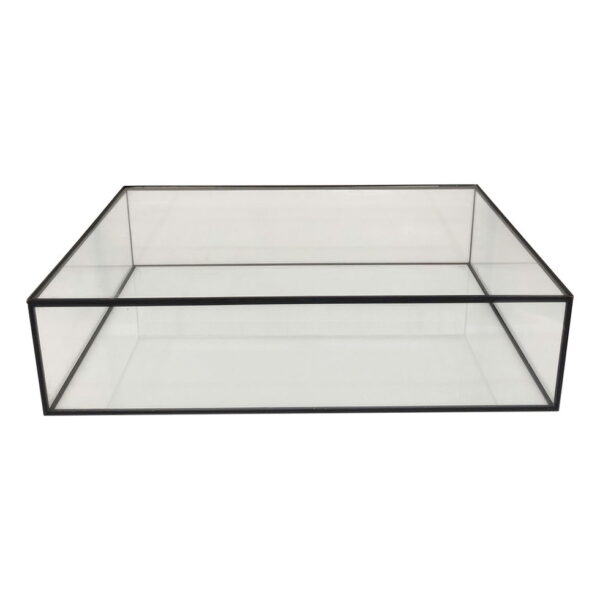 Glasskrin til studenterhue med sort metal kanter 25x25x13 cm.