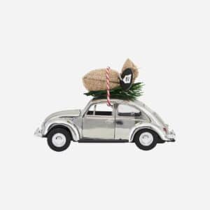 Julepynt bil i sølv med julepose i sølv shopbillede