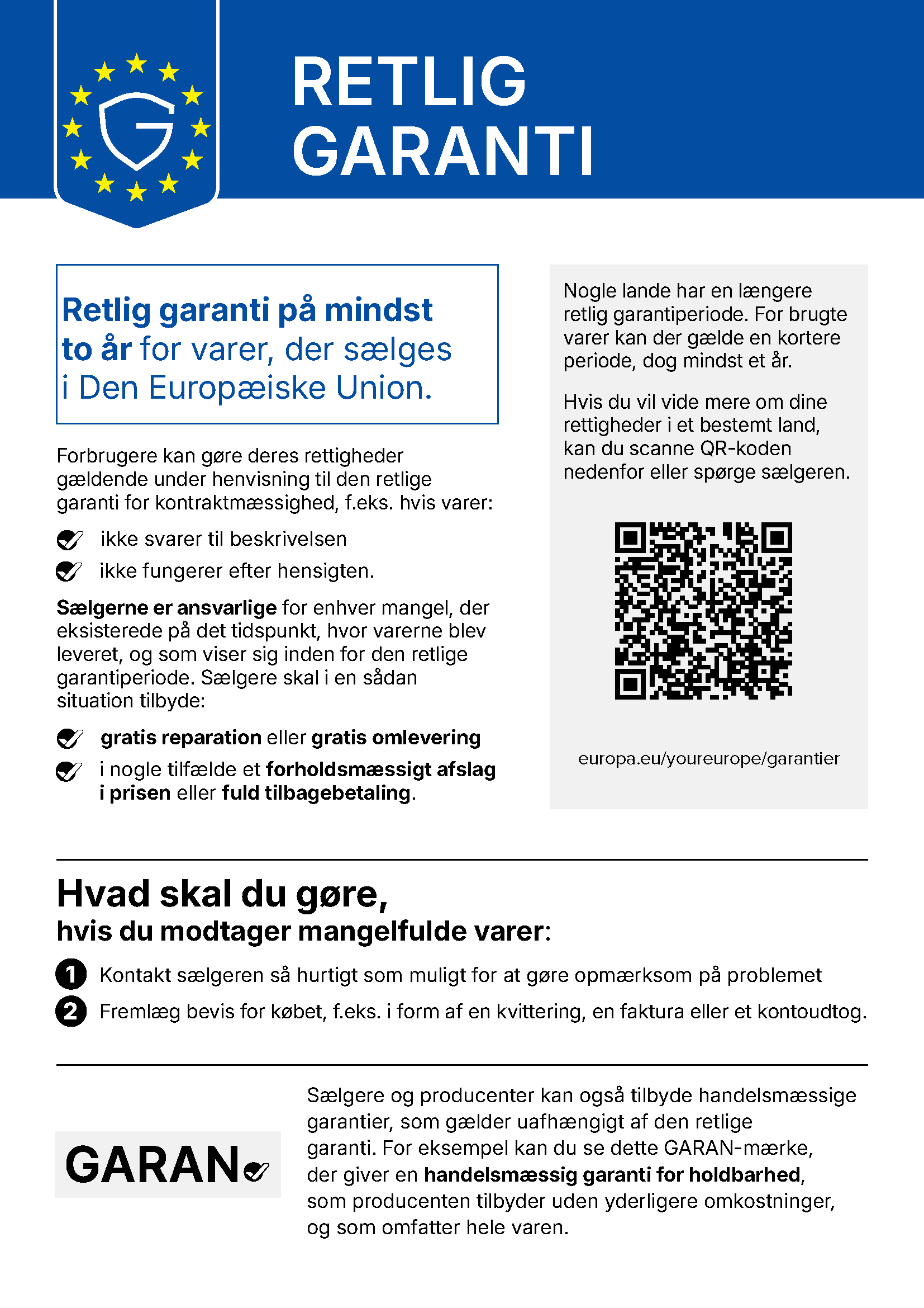 EU-meddelelse om lovbestemt reklamationsret (retlig garanti) – klik for mere information om dine rettigheder